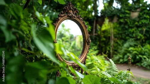 Magical garden reflection with vintage mirror, creating enchanted nature atmosphere