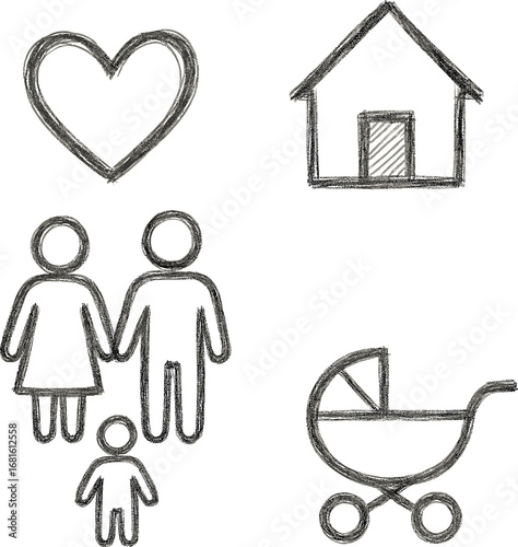 Family and home icons, hand-drawn style