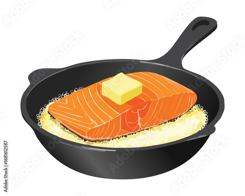 Perfectly cooked salmon steak with melting butter on a hot pan, a delicious dinner option - Vector Illustration