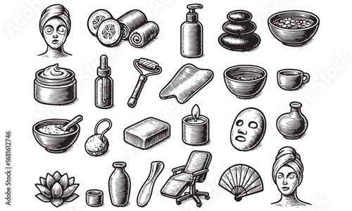 Vintage Spa and Skincare Icons Set - Hand Drawn Beauty Therapy Art