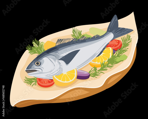 Whole fresh fish with herbs on a rustic wooden cutting board, ready for cooking - Vector Illustration