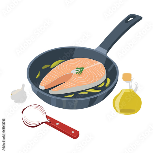 Fresh salmon steak with garlic cloves and olive oil in a pan, ready for a healthy meal - Vector Illustration