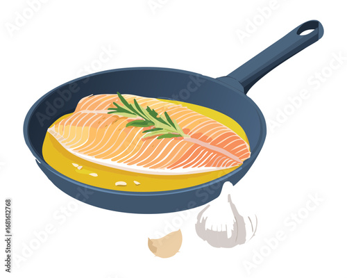 Hot pan with grilled fish fillet, a simple yet flavorful dish for a quick and healthy meal - Vector Illustration