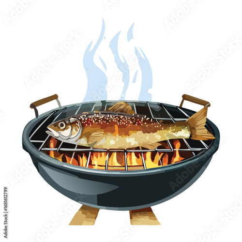 Steaming whole grilled fish on a hot barbecue, with a delicious smoky and crispy skin - Vector Illustration