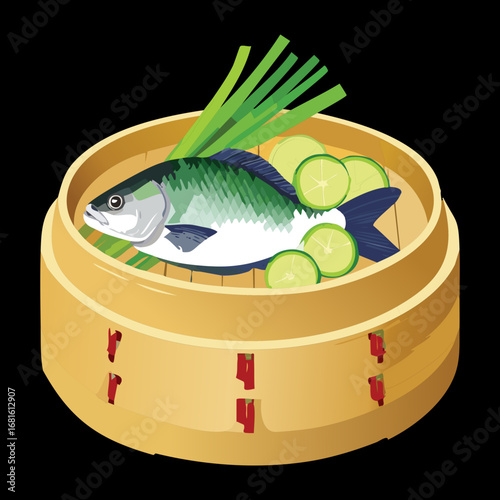 Steamed whole fish with sliced lemon in a bamboo steamer, a traditional and healthy dish - Vector Illustration