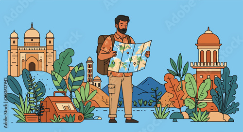 Adventurer checks map, world landmarks, plants, light blue backdrop