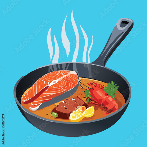 Steaming hot salmon steak with lemon on a pan, fresh from the stove, ready for a healthy meal - Vector Illustration