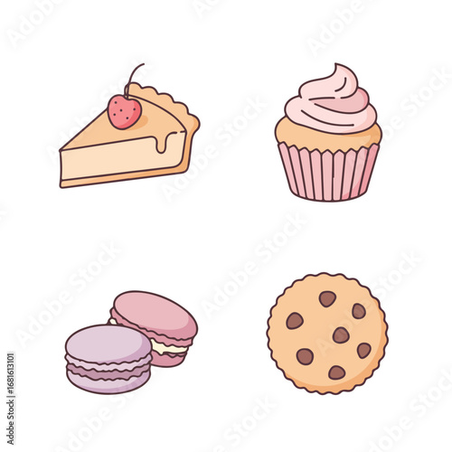 Desserts Pie, cupcake, two macaroons, and cookie on a white background