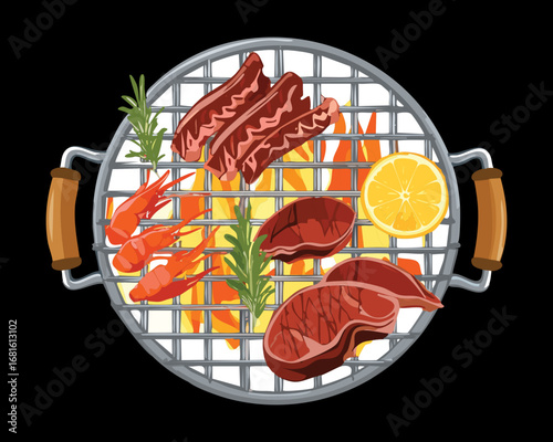 Assortment of grilled salmon, vegetables, and shrimp on a hot barbecue with a smoky flavor - Vector Illustration