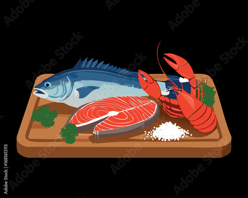 Collection of fresh seafood including lobster and fish, arranged beautifully on a rustic wooden board - Vector Illustration