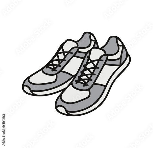 A pair of hand-drawn running shoes or sneakers in a gray and white color scheme, perfect for sports, fitness, and active lifestyle design projects.