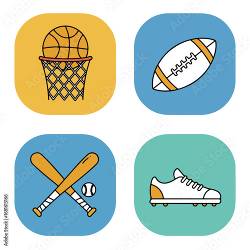 Sport icons basketball, football, baseball, cleats on colored background