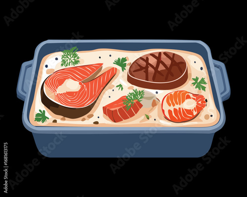 Tray of fresh raw salmon and tuna steaks with herbs, ready to be prepared and cooked - Vector Illustration