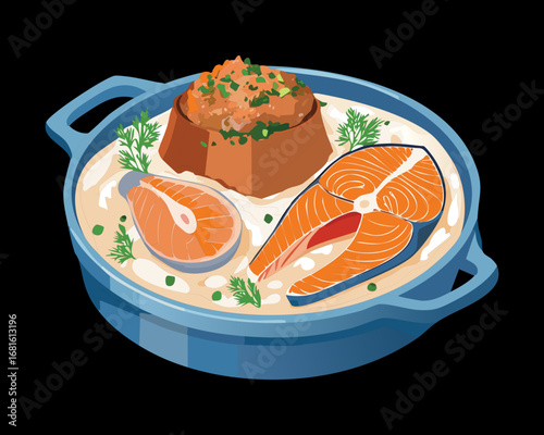 Elegant platter of fresh salmon steak, mussels, and shrimp, served with a delicate sauce - Vector Illustration