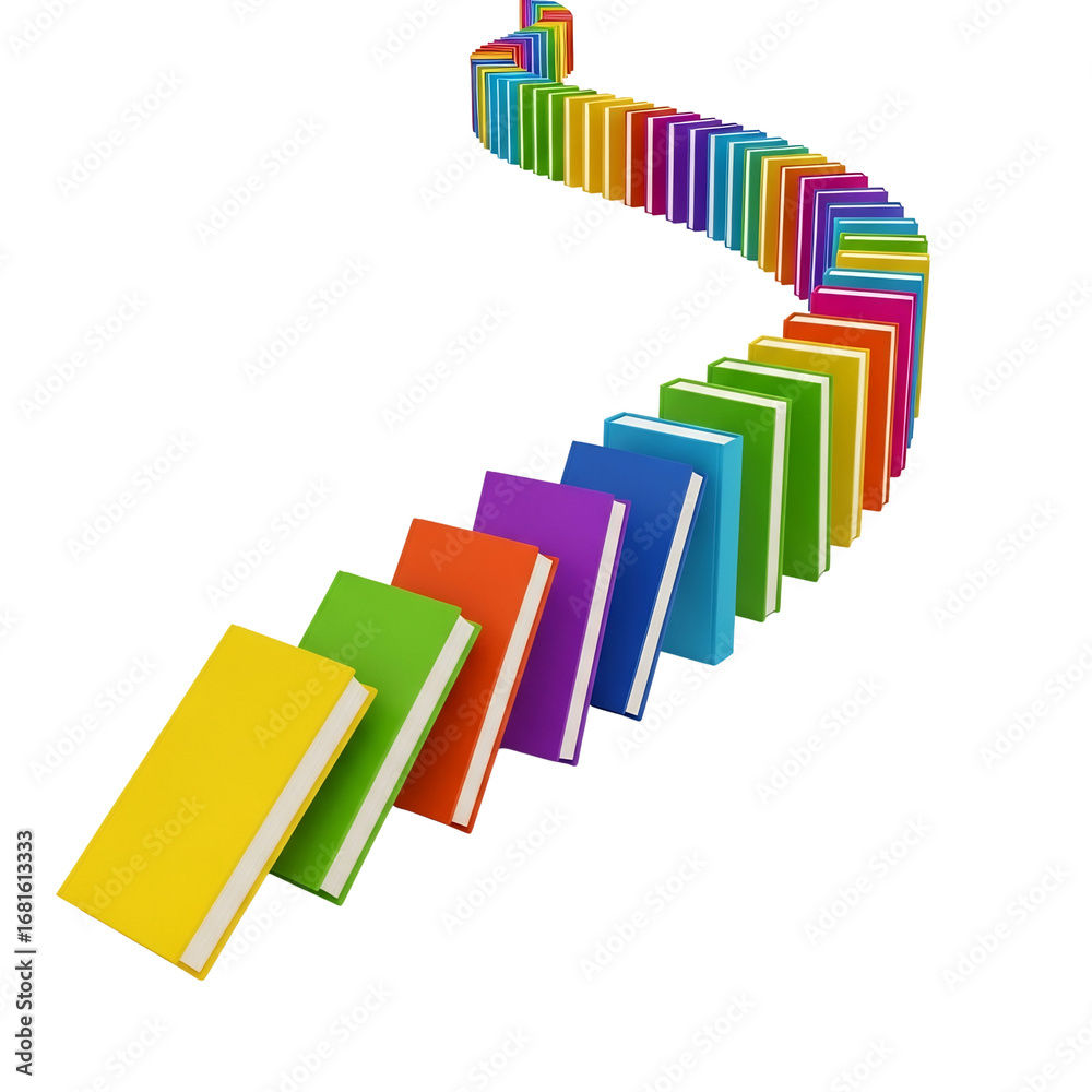 Obraz premium Dynamic colorful books in a domino effect, symbolizing education, knowledge, process, and progression. Ideal for academic, literacy, and business presentations,