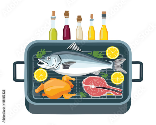 Variety of fresh seafood on a tray with lemon, olive oil, and herbs, ready for baking - Vector Illustration