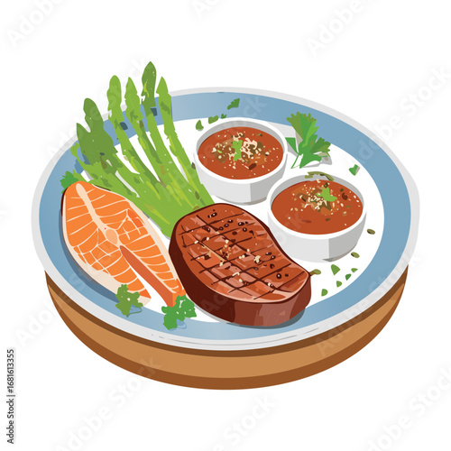 Assortment of grilled salmon, beef, and lobster with asparagus and sauce, a perfect mixed platter - Vector Illustration