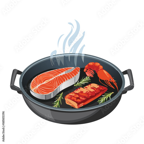Hot salmon steak in a pan, steaming and ready to be served, a perfect protein-rich meal - Vector Illustration