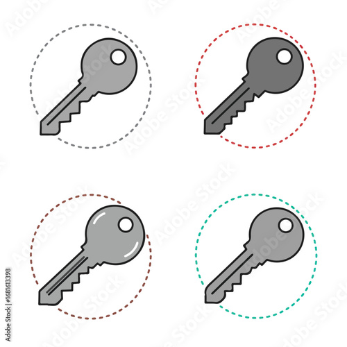 Four keys outlined with a dashed circle, each one in different color