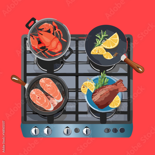 Variety of fresh seafood and fish in sizzling pans on a gas stove top ready for cooking - Vector Illustration
