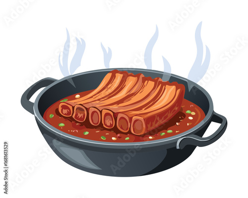 Tender beef short ribs in a rich tomato sauce, served in a cast iron pot, a classic family recipe - Vector Illustration