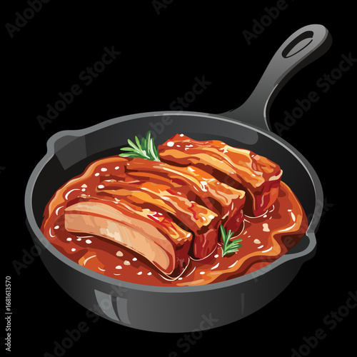 Roasted lamb ribs with a generous amount of sauce on a hot cast-iron pan for a delicious dinner - Vector Illustration
