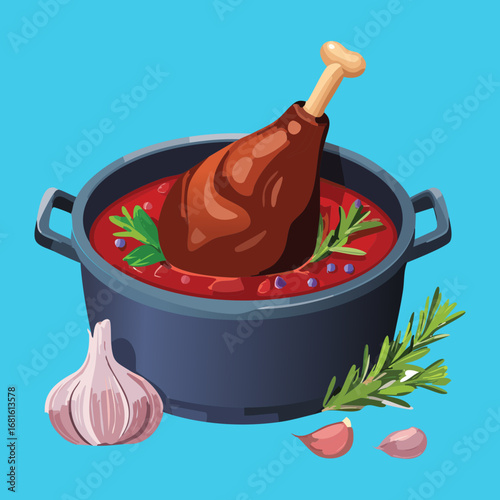 Hearty roasted chicken drumstick in a rich red sauce with fresh garlic cloves, ready to be served hot - Vector Illustration