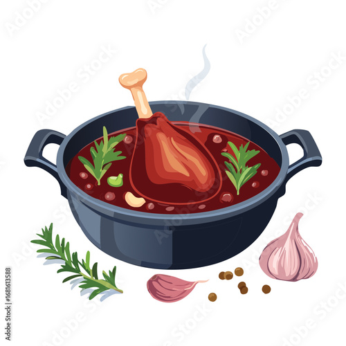 Classic beef osso buco in a rich red wine sauce, served in a rustic deep bowl for a warm dinner - Vector Illustration