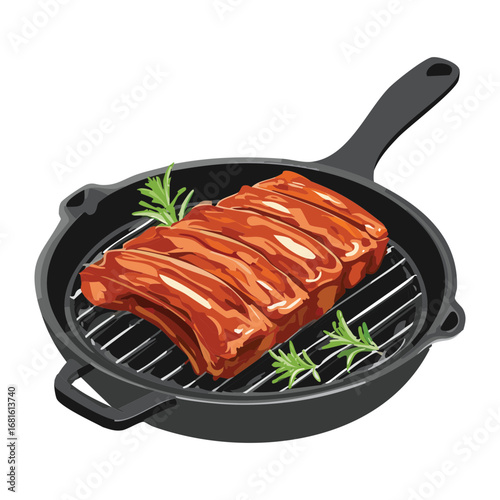 Juicy beef steak on a hot cast iron frying pan with fresh herbs and a little garlic - Vector Illustration