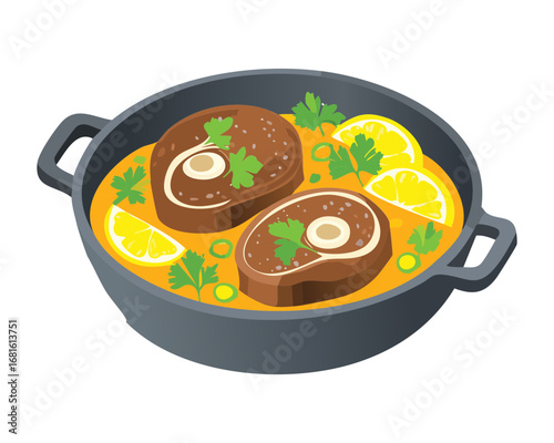 Hearty beef stew with mushroom and chopped herbs served in a hot bowl, perfect for a cold winter day - Vector Illustration