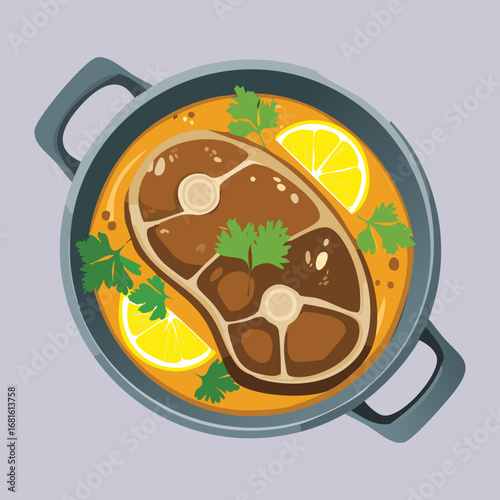 Traditional beef stew with orange slices and fresh herbs cooked slowly in a round cast-iron pot - Vector Illustration
