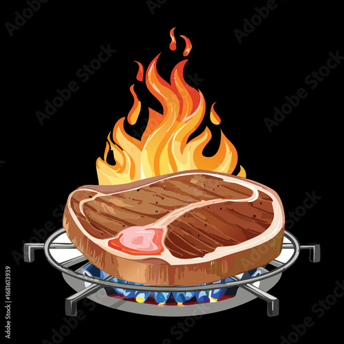 A huge bone-in tomahawk steak with a knob of butter and fresh herbs on a rustic wooden board - Vector Illustration