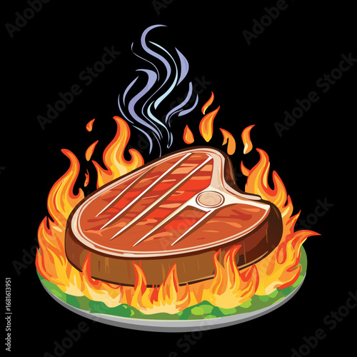 A hot grilled steak on a flaming barbecue, a perfect piece of meat for a summer cookout - Vector Illustration