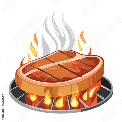 Sizzling grilled beef steak with smoke and flames rising from the hot cooking surface - Vector Illustration