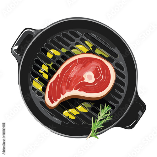 A close-up view of a perfectly grilled beef steak with diamond-shaped char marks on a barbecue grill - Vector Illustration