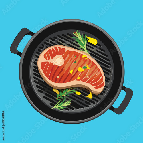 A thick, juicy beef steak cooking on a black cast iron grill pan with perfect sear marks - Vector Illustration