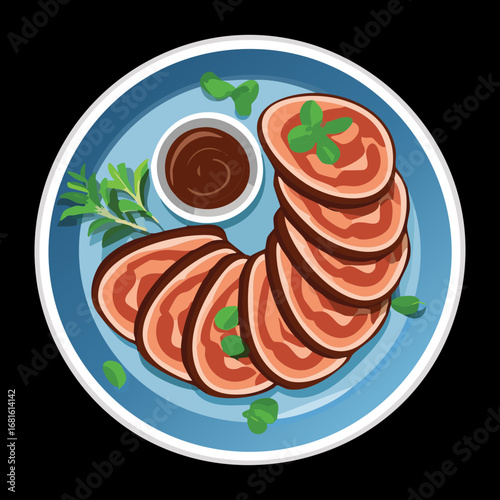 Delicious grilled steak and sliced sausage with two different dipping sauces on a blue plate - Vector Illustration