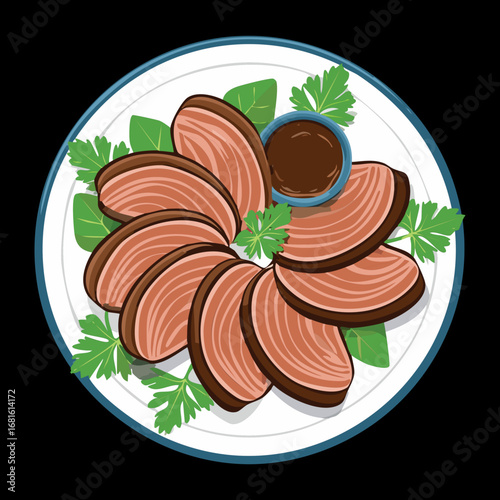  Grilled beef steak with thin sausage slices arranged in a circular pattern on a white plate - Vector Illustration