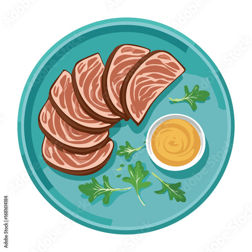 Thinly sliced raw beef or pastrami on a blue plate with a dollop of mustard for dipping - Vector Illustration