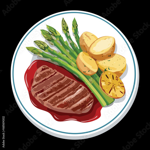 A plate with a grilled steak, asparagus, and golden potatoes, a gourmet and delicious dinner meal - Vector Illustration