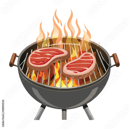 A grill with two pieces of steak cooking over hot coals and flames, a classic outdoor barbecue scene - Vector Illustration