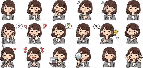 Concept of a professional woman's diverse expressions and emotions, illustrating various moods, actions, and reactions in business scenarios and everyday life