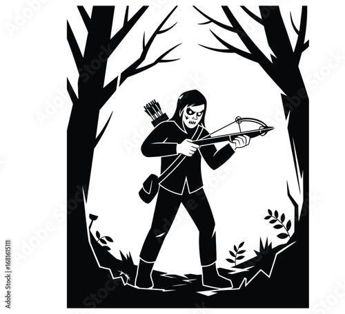 Zombie hunter carrying crossbow in haunted forest vector. isolated black and white