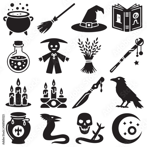 Collection of black silhouette halloween witchcraft and magic icons including cauldron broom hat spellbook potion scarecrow wand raven and skull