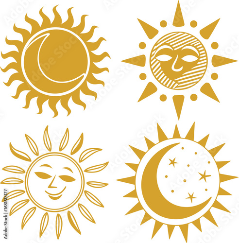 Golden Sun and Moon Designs: A collection of stylized sun and moon designs, a symbol of day and night, rendered in a warm golden hue, evoking feelings of serenity and the cycles of nature.