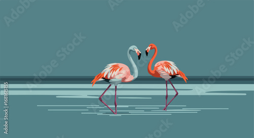 Two stylized flamingos in water