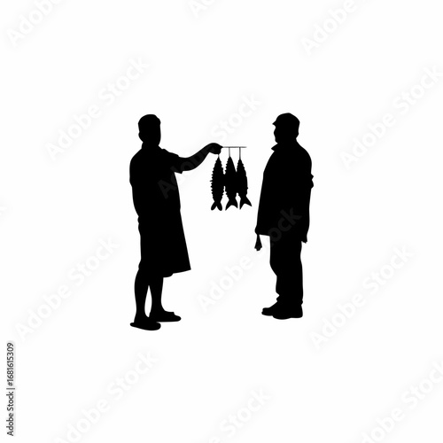 Shopkeeper shows high fish price to buyer silhouette