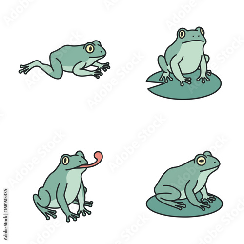 Four cartoon green frogs
