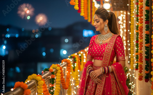 Woman flaunting dazzling jewelry with elegance on Diwali festival evening