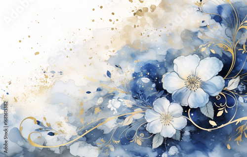 Elegant floral design featuring blue and gold elements with soft textures and delicate details suitable for various decorative uses